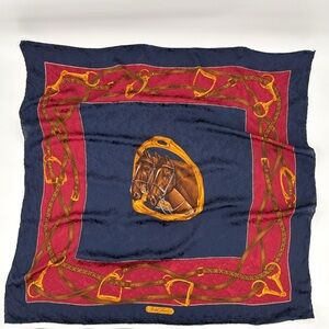 Vintage Ralph Lauren Purple Label Navy Red Horses 33” Square Silk Scarf